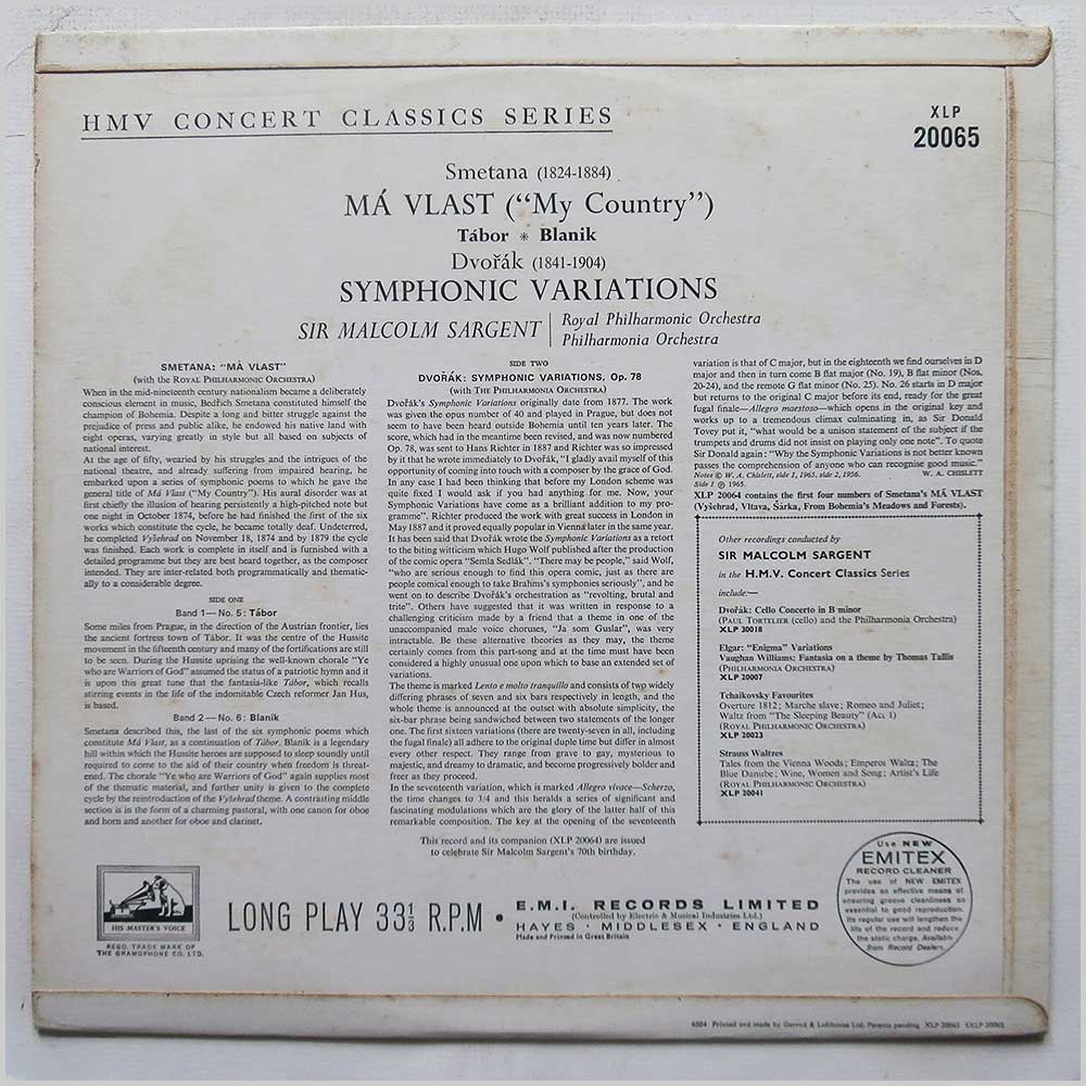 Sir Malcolm Sargent, Royal Philharmonic Orchestra - Smetana: Ma Vlast (My Country), Dvorak: Symphonic Variations  (XLP 20065) 