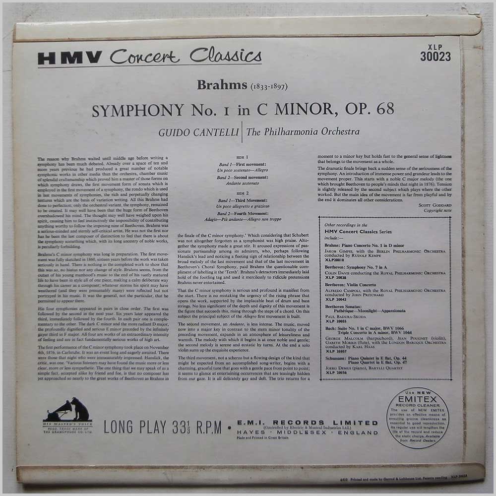 Guido Cantelli, Philharmonia Orchestra - Brahms: Symphony No. 1 in C Minor, Op. 68  (XLP 30023) 